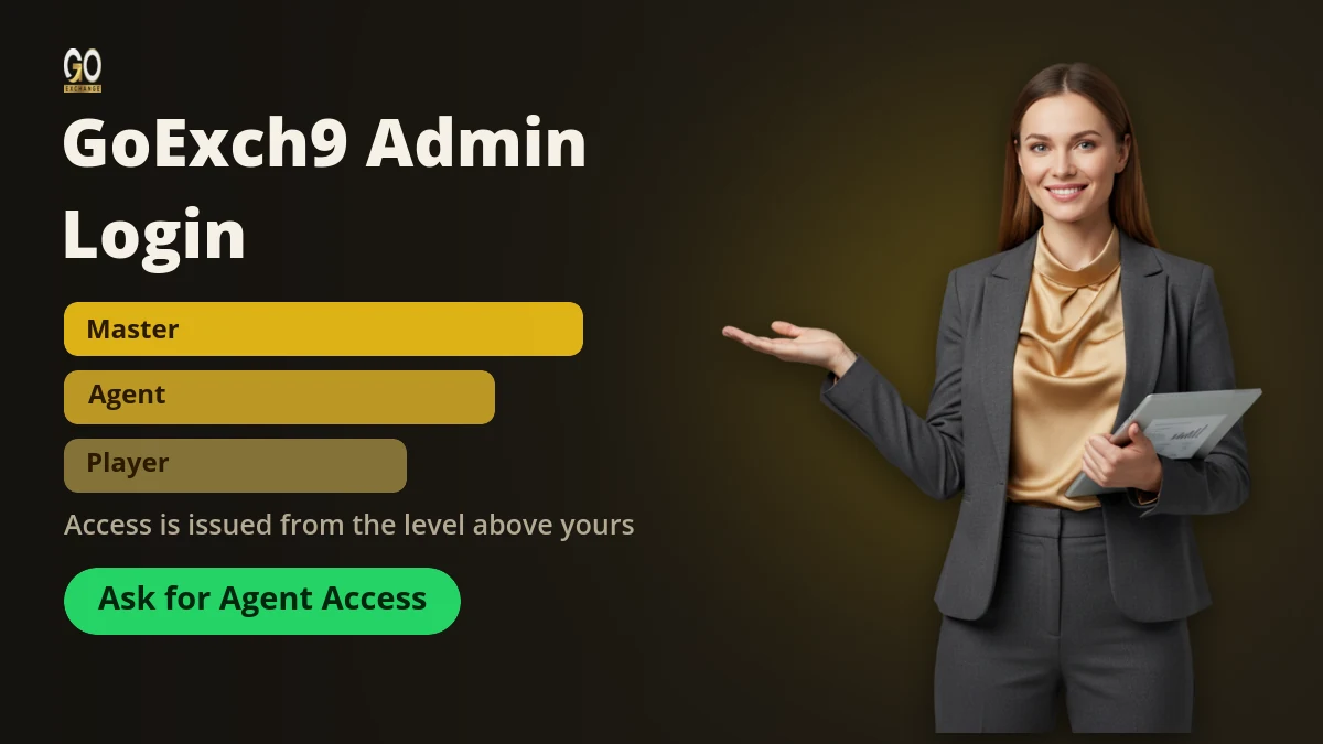 GoExch9 admin login banner with an agent in a tailored blazer beside a member login button