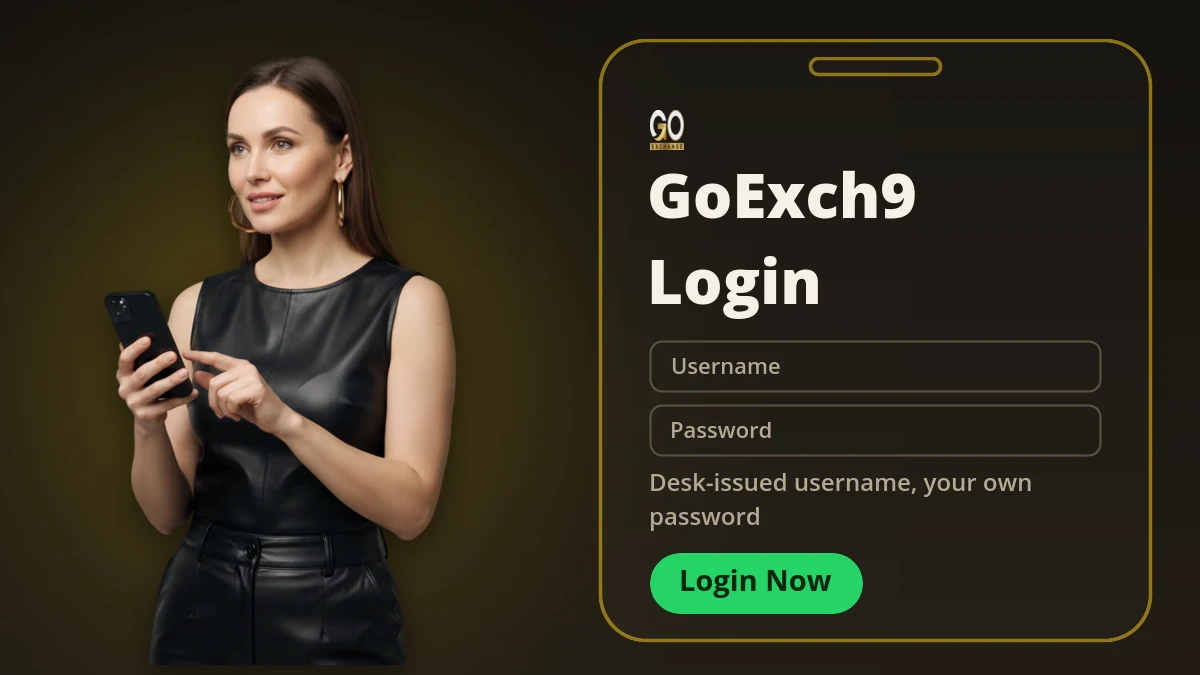 GoExch9 login banner showing a member tapping her phone to sign in
