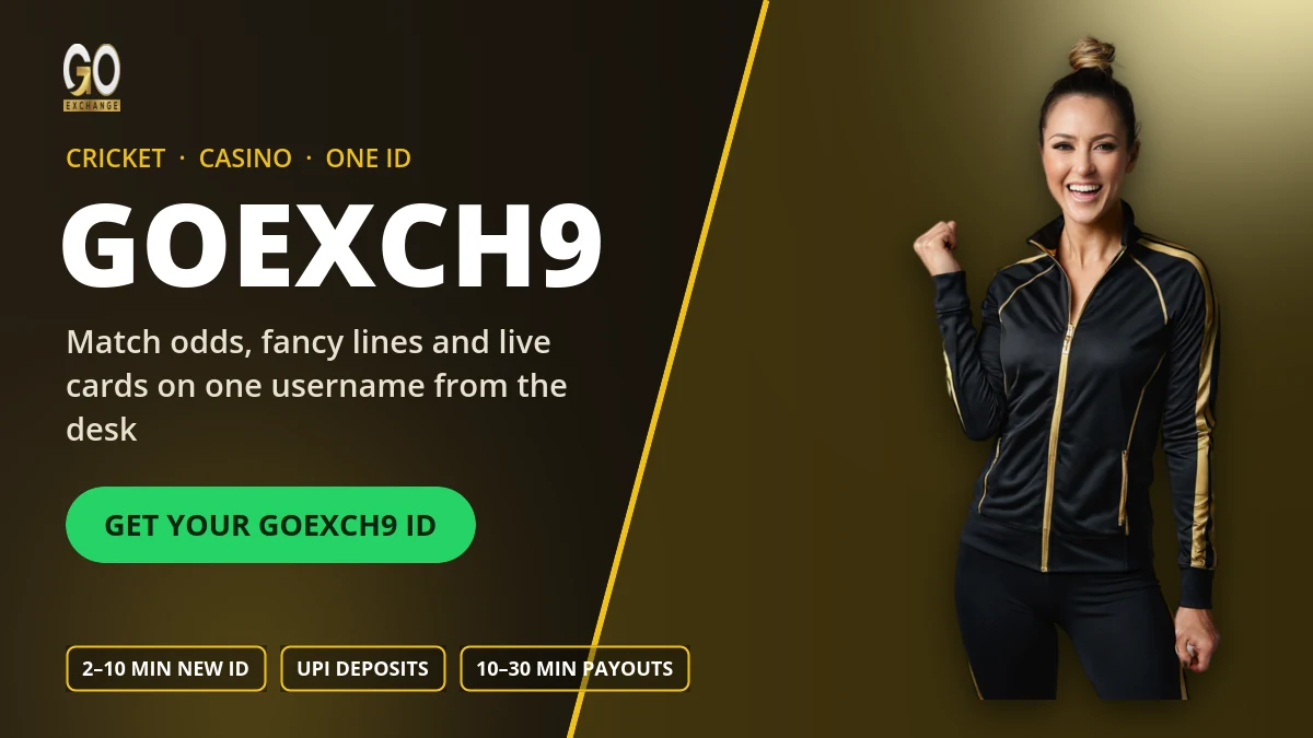GoExch9 official sportsbook banner with a cricket fan celebrating beside a Get GoExch9 ID button