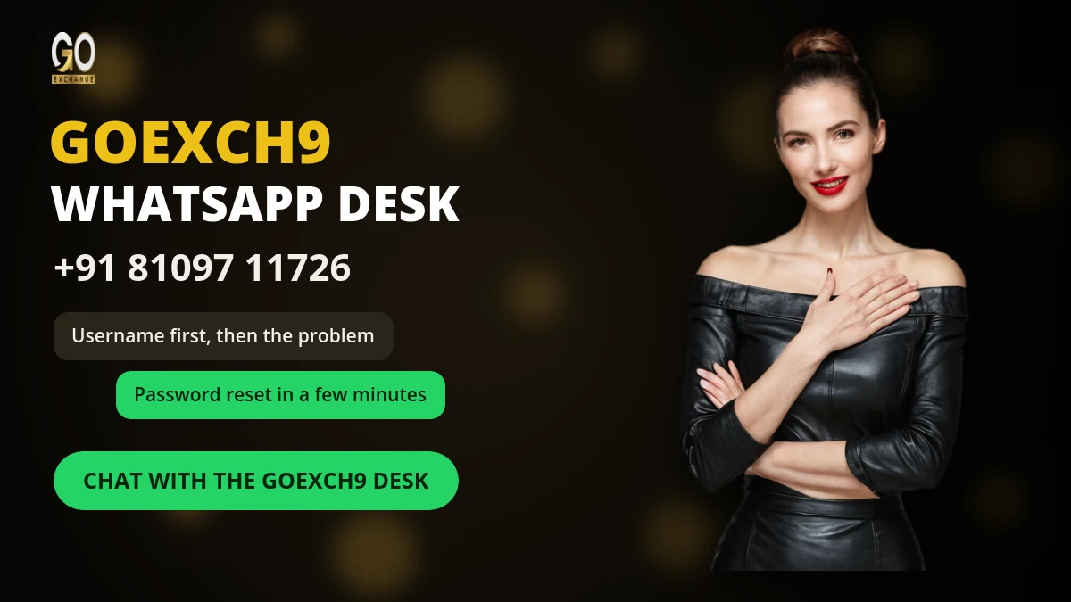 GoExch9 WhatsApp number banner with a desk agent making a calm hand-on-heart gesture beside the chat number